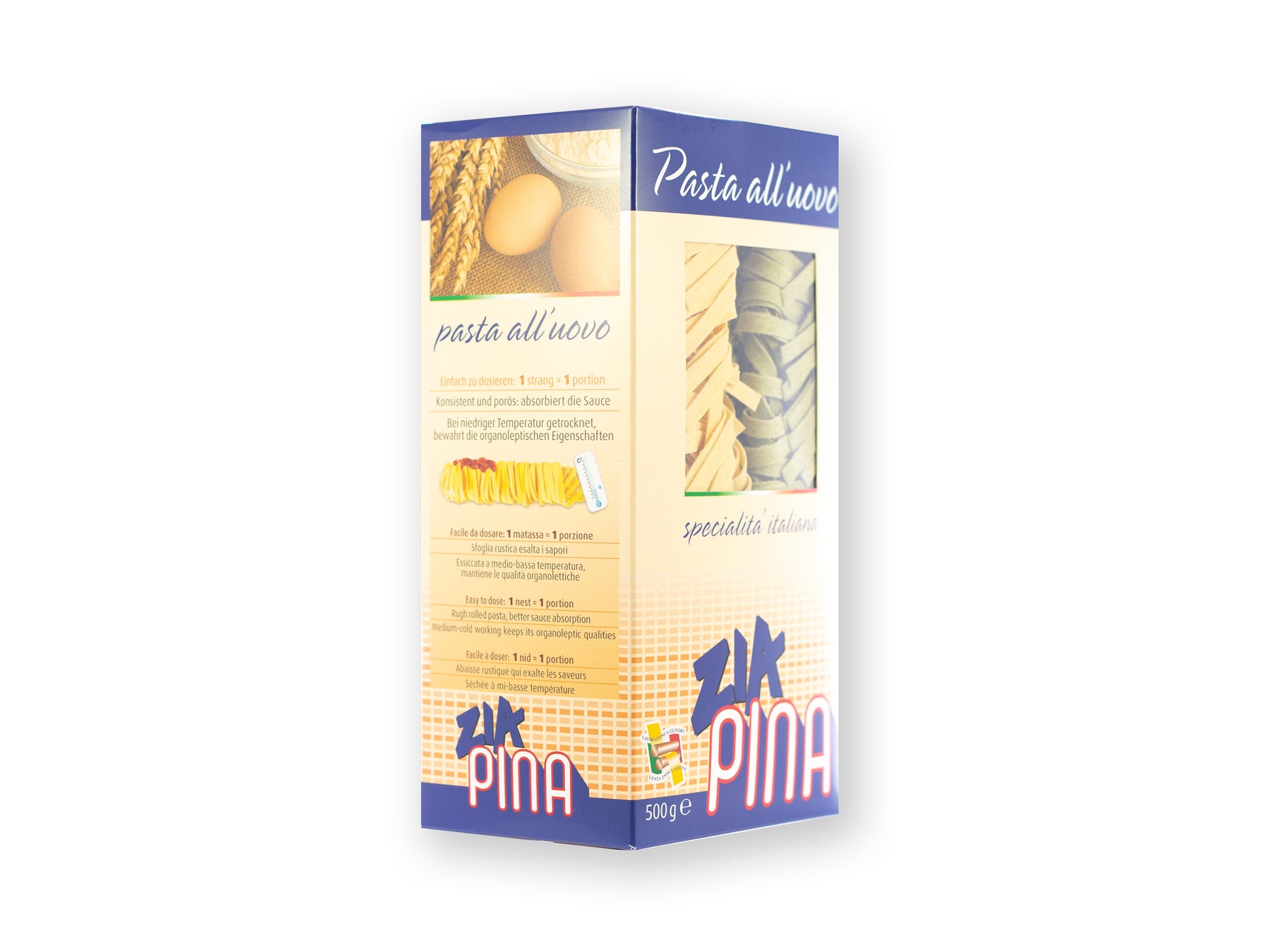 Tagliatelle grün und gelb gefärbt von Zia Pina, Verpackung