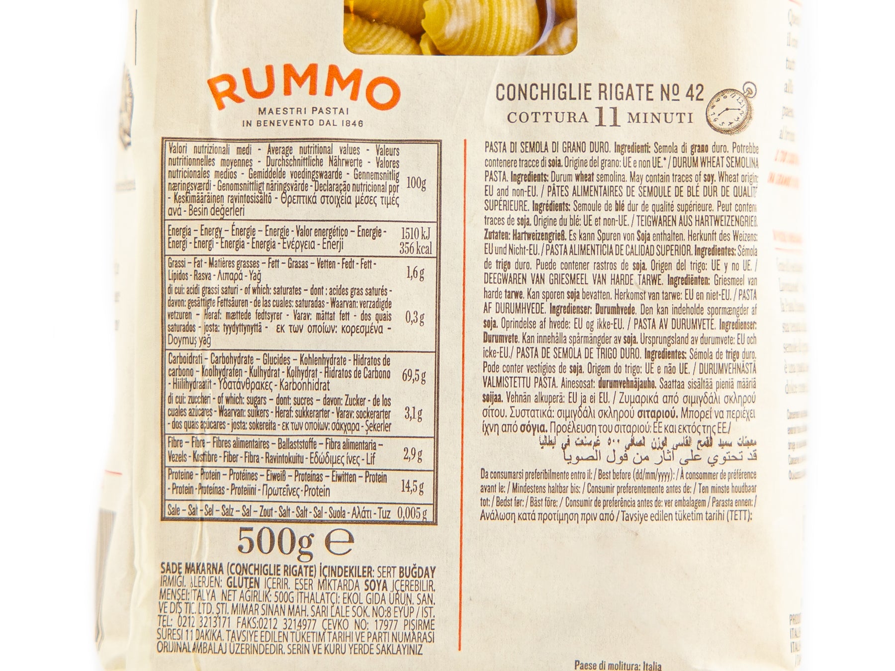 Rummo Conchiglie Rigate N°42, Nudeln aus Hartweizengrieß ohne Ei (vegane Pasta)